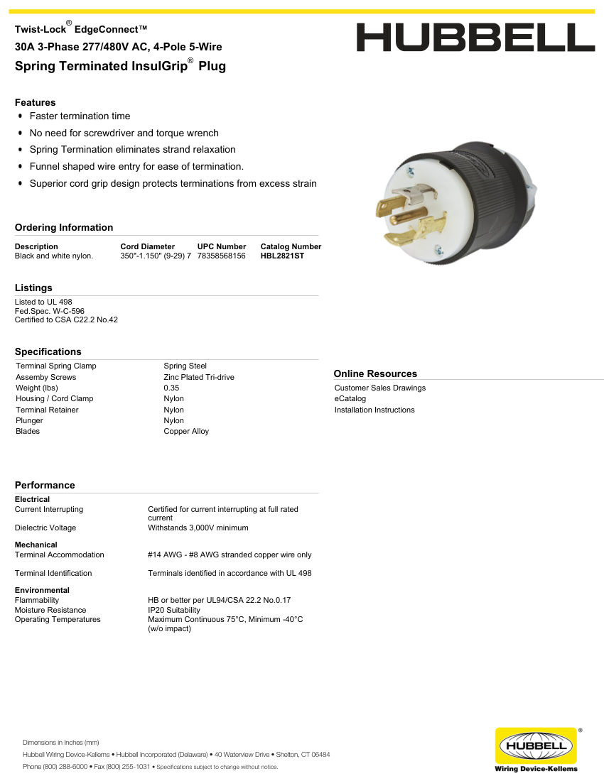 Hubbell Wiring Device-Kellems WIRING_HBL2821ST_spec cut sheet — first page