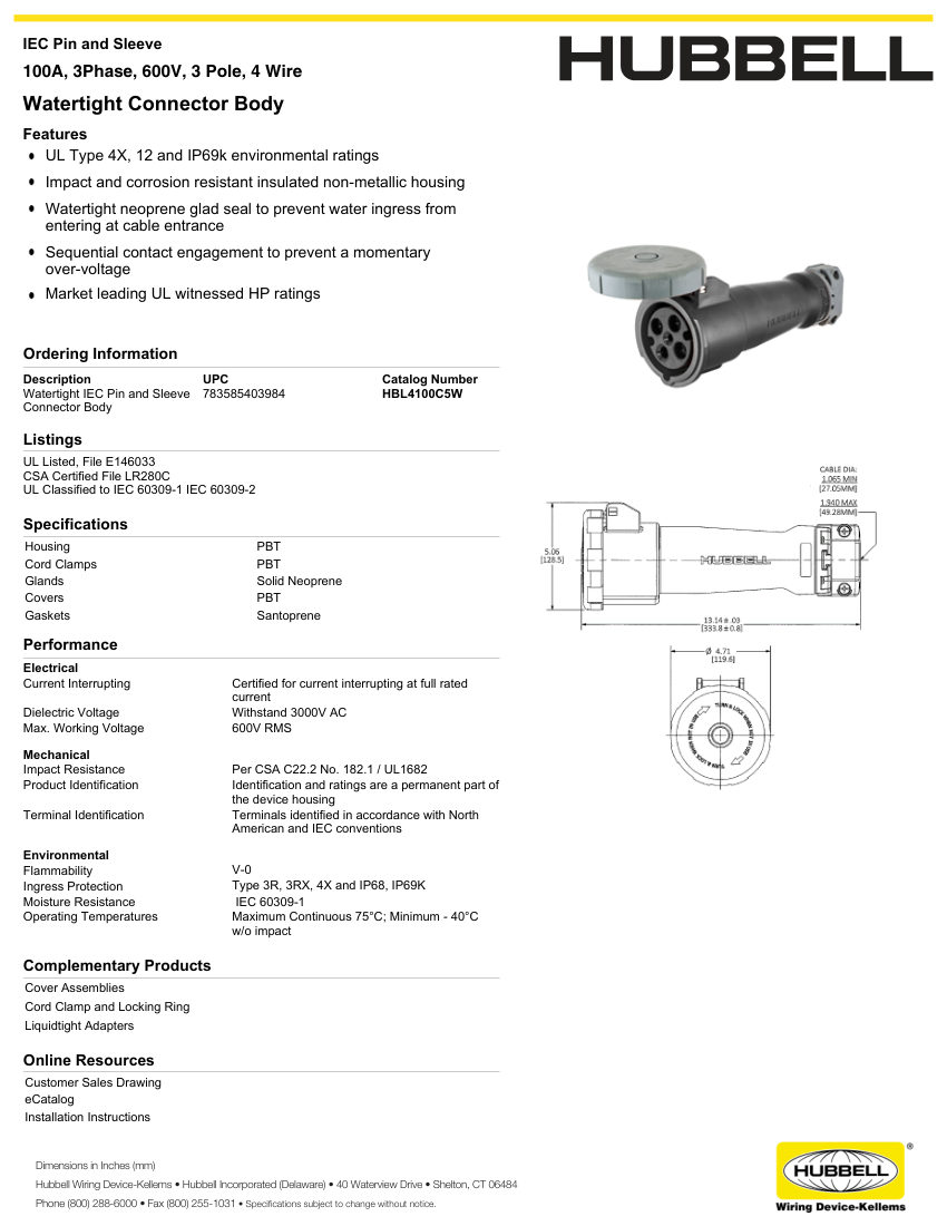 Hubbell Wiring Device-Kellems WIRING_HBL4100C5W_spec cut sheet — first page