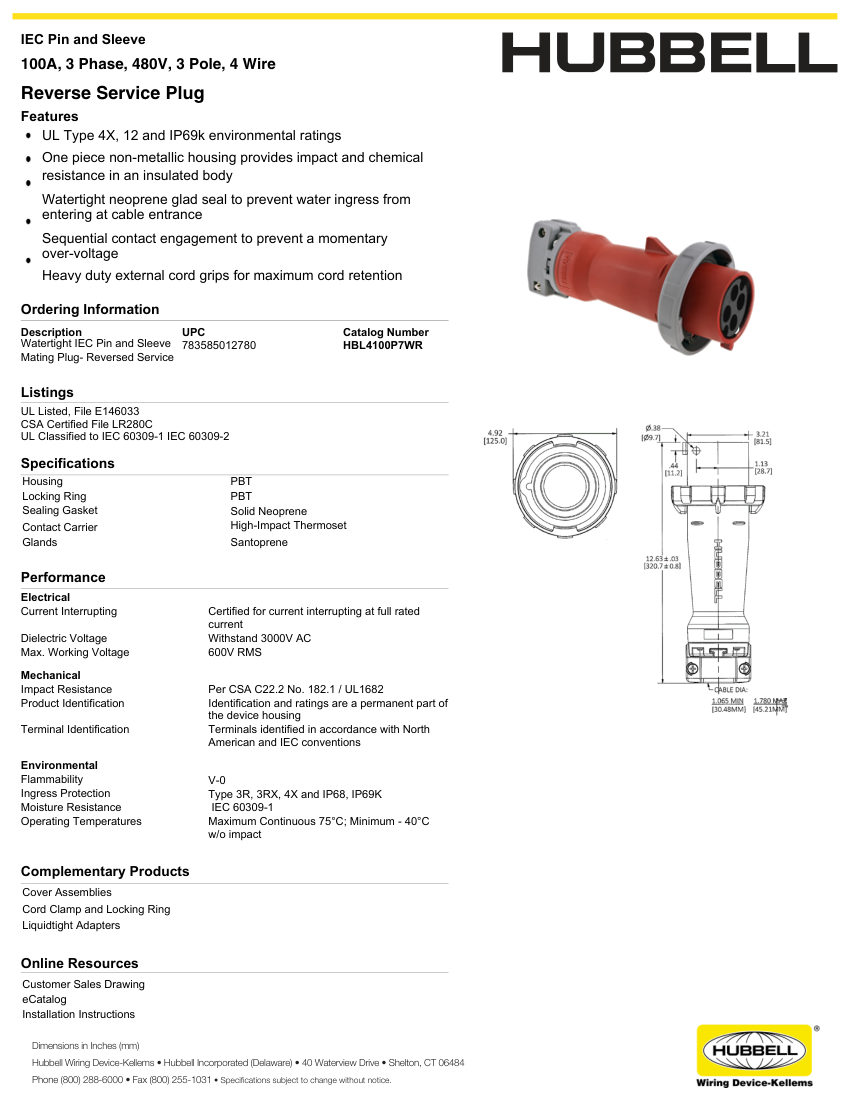 Hubbell Wiring Device-Kellems WIRING_HBL4100P7WR_spec cut sheet — first page