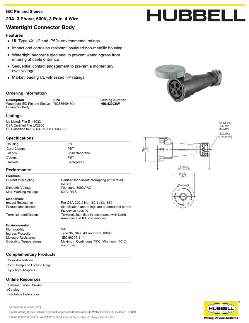 Hubbell Wiring Device-Kellems WIRING_HBL420C5W_spec cut sheet — first page