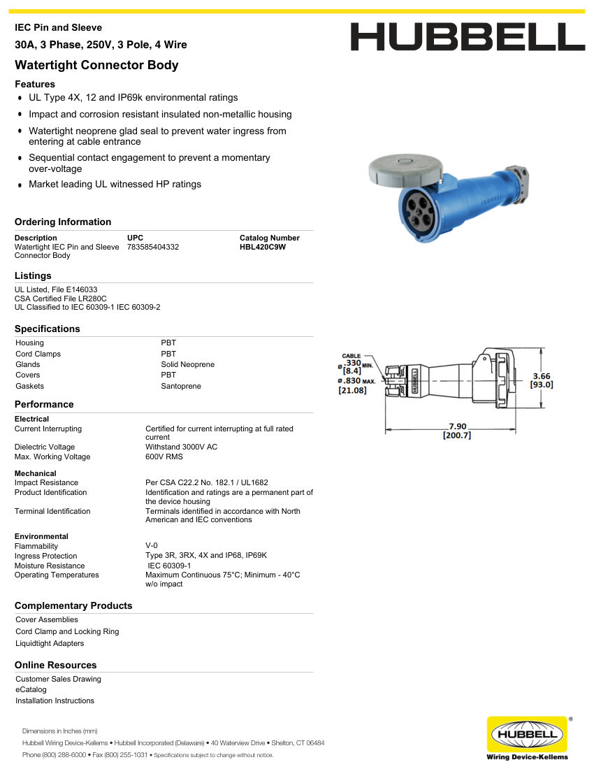 Hubbell Wiring Device-Kellems WIRING_HBL430C9W_spec cut sheet — first page