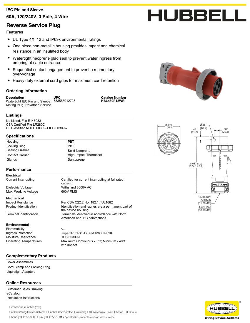 Hubbell Wiring Device-Kellems WIRING_HBL430P5WR_spec cut sheet — first page
