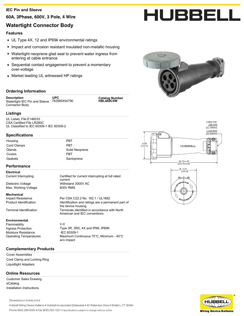 Hubbell Wiring Device-Kellems WIRING_HBL460C5W_spec cut sheet — first page
