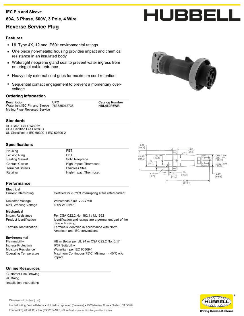 Hubbell Wiring Device-Kellems WIRING_HBL460P5WR_spec cut sheet — first page
