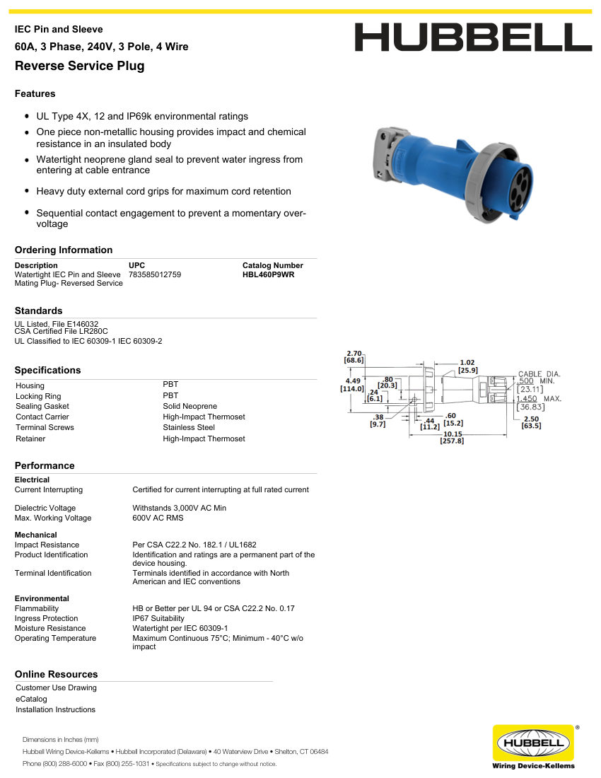 Hubbell Wiring Device-Kellems WIRING_HBL460P9WR_spec cut sheet — first page