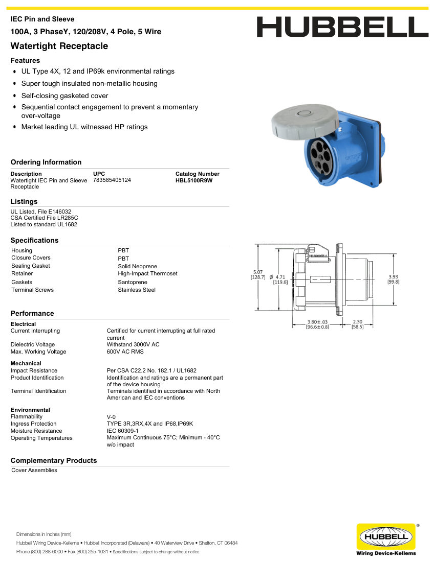 Hubbell Wiring Device-Kellems WIRING_HBL5100R9W_spec cut sheet — first page