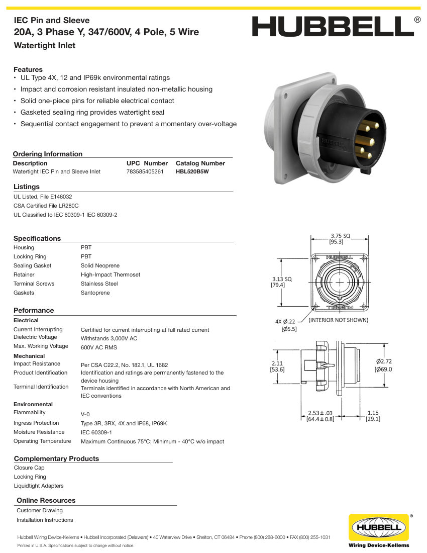 Hubbell Wiring Device-Kellems WIRING_HBL520B5W_spec cut sheet — first page