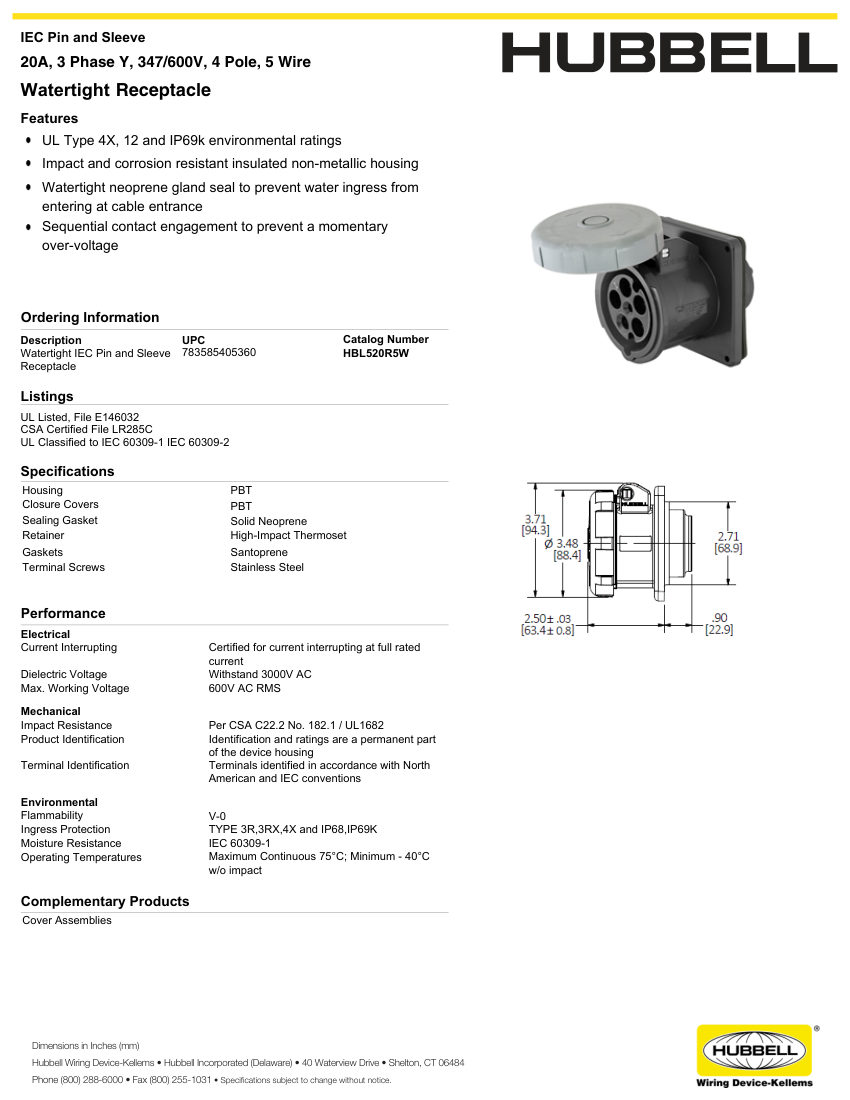 Hubbell Wiring Device-Kellems WIRING_HBL520R5W_spec cut sheet — first page