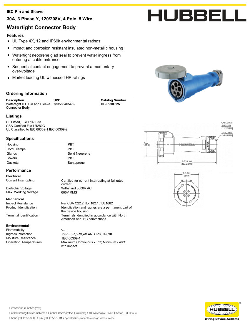 Hubbell Wiring Device-Kellems WIRING_HBL530C9W_spec cut sheet — first page