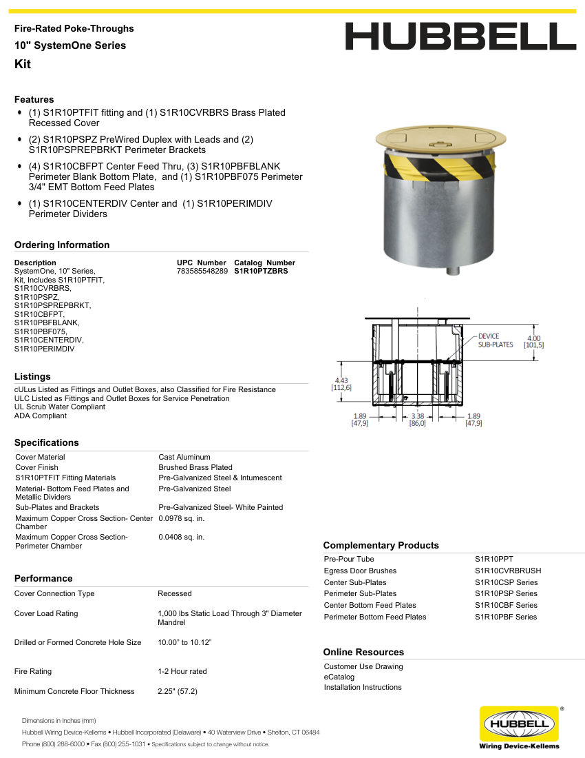 Hubbell Wiring Device-Kellems WIRING_S1R10PTZBRS_spec cut sheet — first page