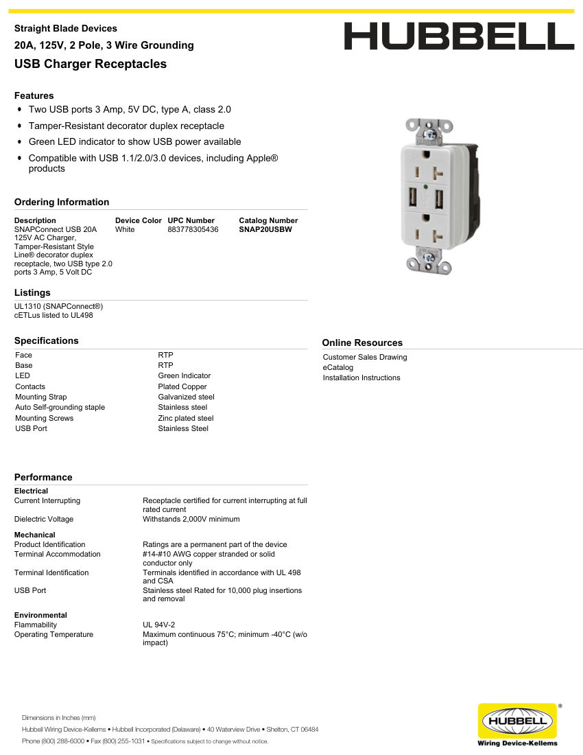 Hubbell Wiring Device-Kellems WIRING_SNAP20USBW_spec cut sheet — first page