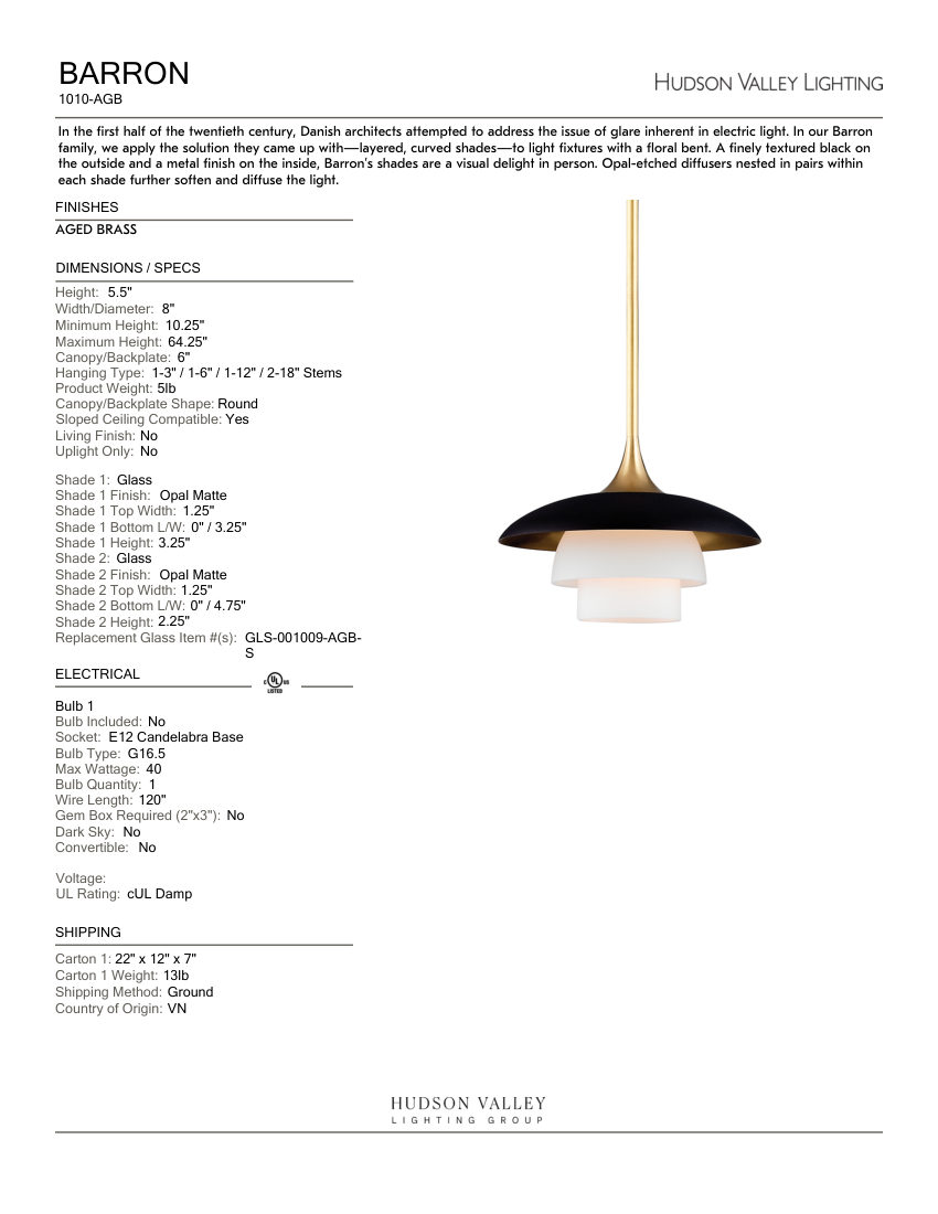 Hudson Valley Lighting 1010-AGB cut sheet — first page