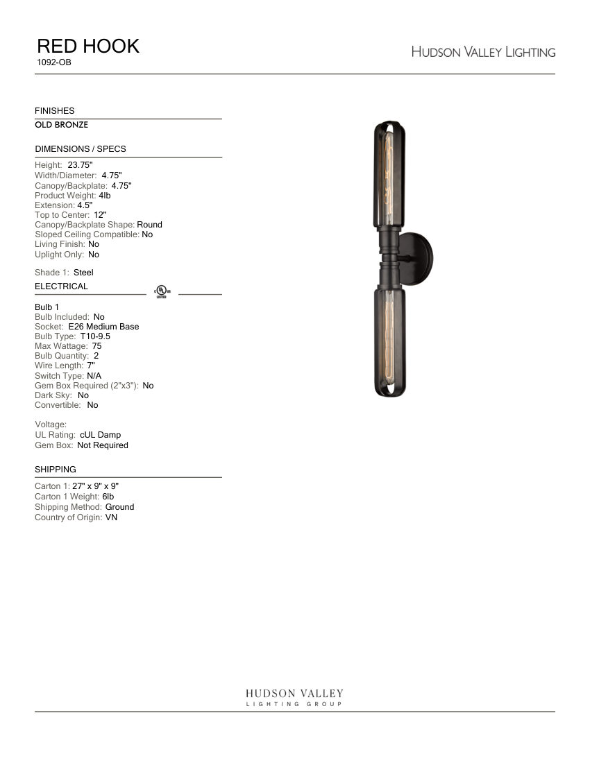 Hudson Valley Lighting 1092-OB cut sheet — first page