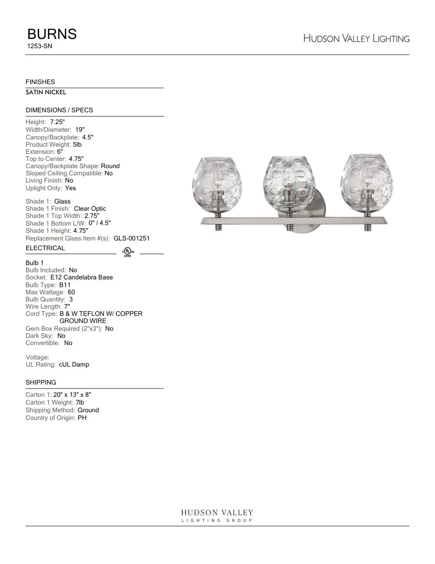 Hudson Valley Lighting 1253-SN cut sheet — first page
