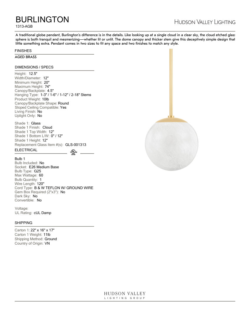 Hudson Valley Lighting 1313-AGB cut sheet — first page