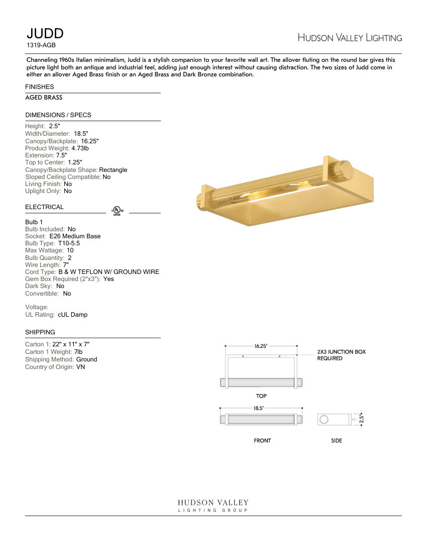 Hudson Valley Lighting 1319-AGB cut sheet — first page