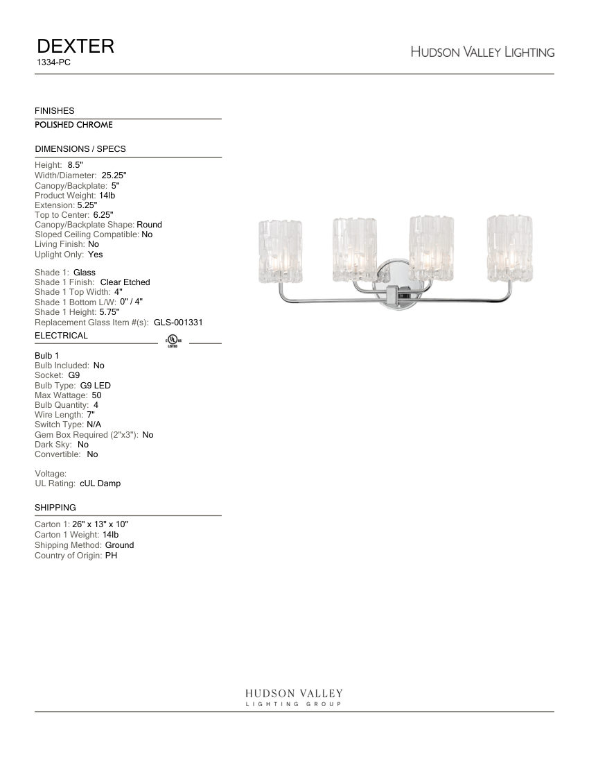 Hudson Valley Lighting 1334-PC cut sheet — first page