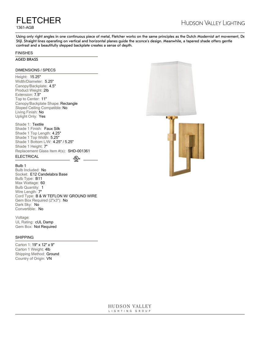 Hudson Valley Lighting 1361-AGB cut sheet — first page