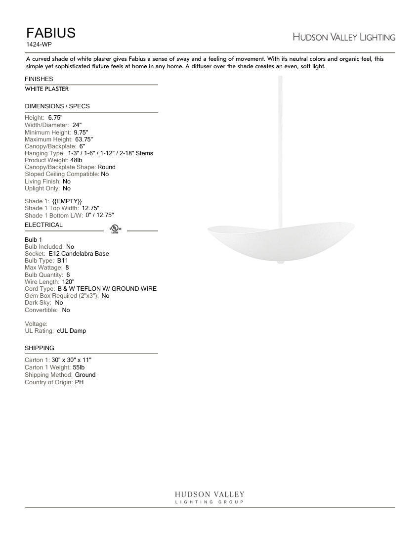 Hudson Valley Lighting 1424-WP cut sheet — first page
