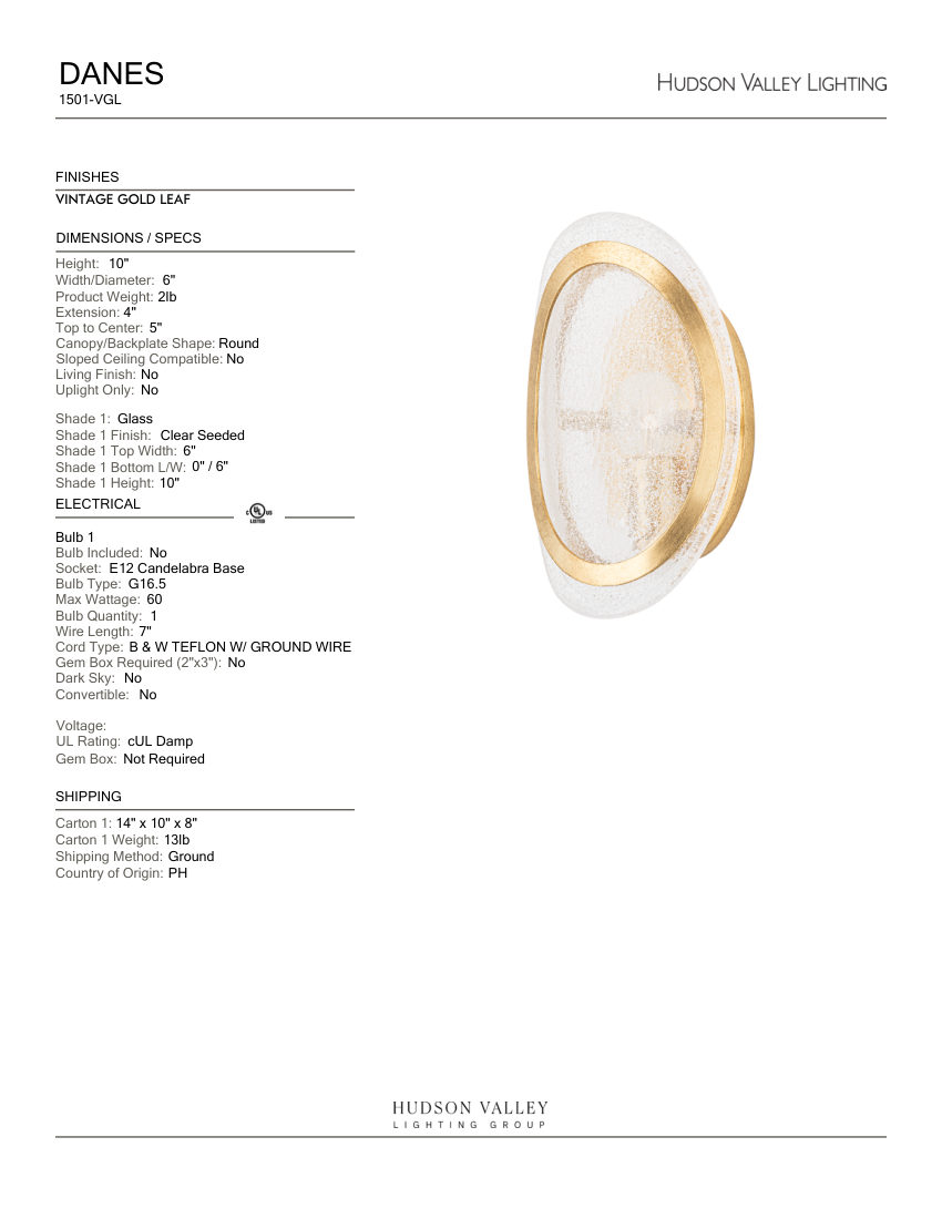 Hudson Valley Lighting 1501-VGL cut sheet — first page