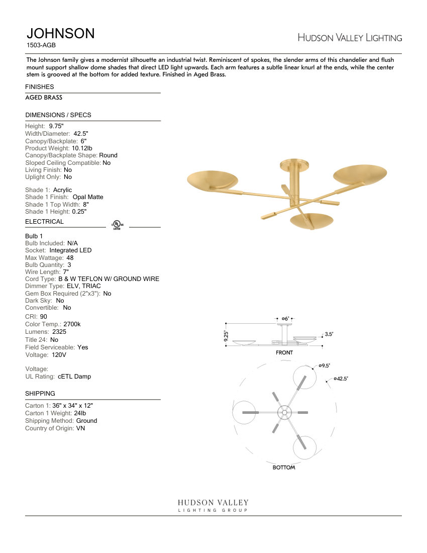 Hudson Valley Lighting 1503-AGB cut sheet — first page