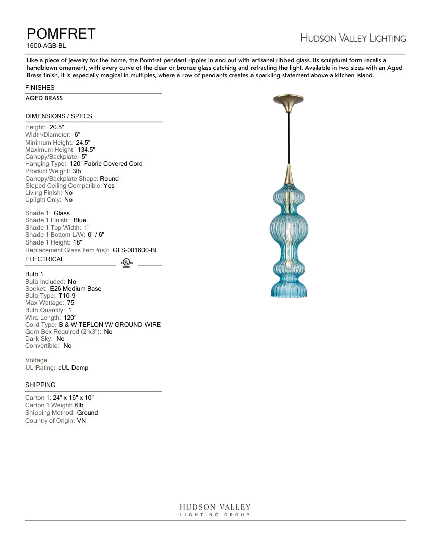Hudson Valley Lighting 1600-AGB-BL cut sheet — first page
