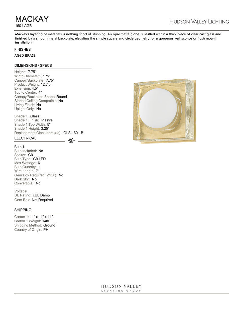 Hudson Valley Lighting 1601-AGB cut sheet — first page