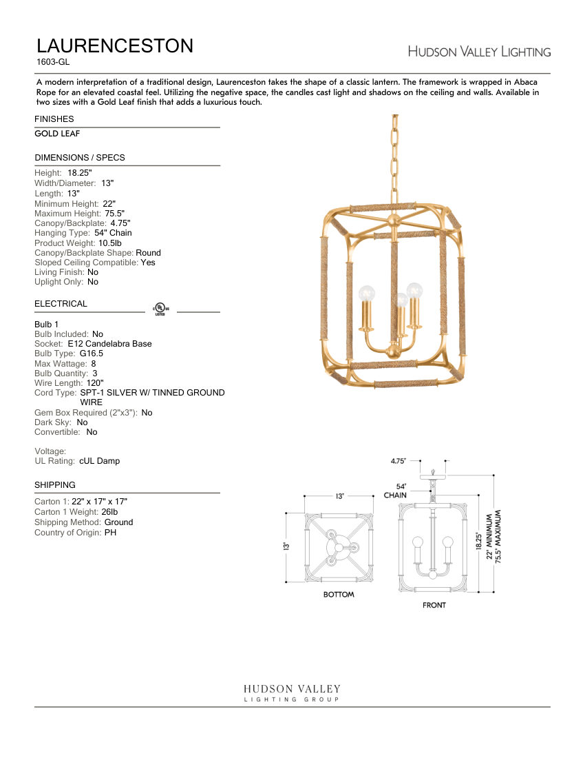 Hudson Valley Lighting 1603-GL cut sheet — first page