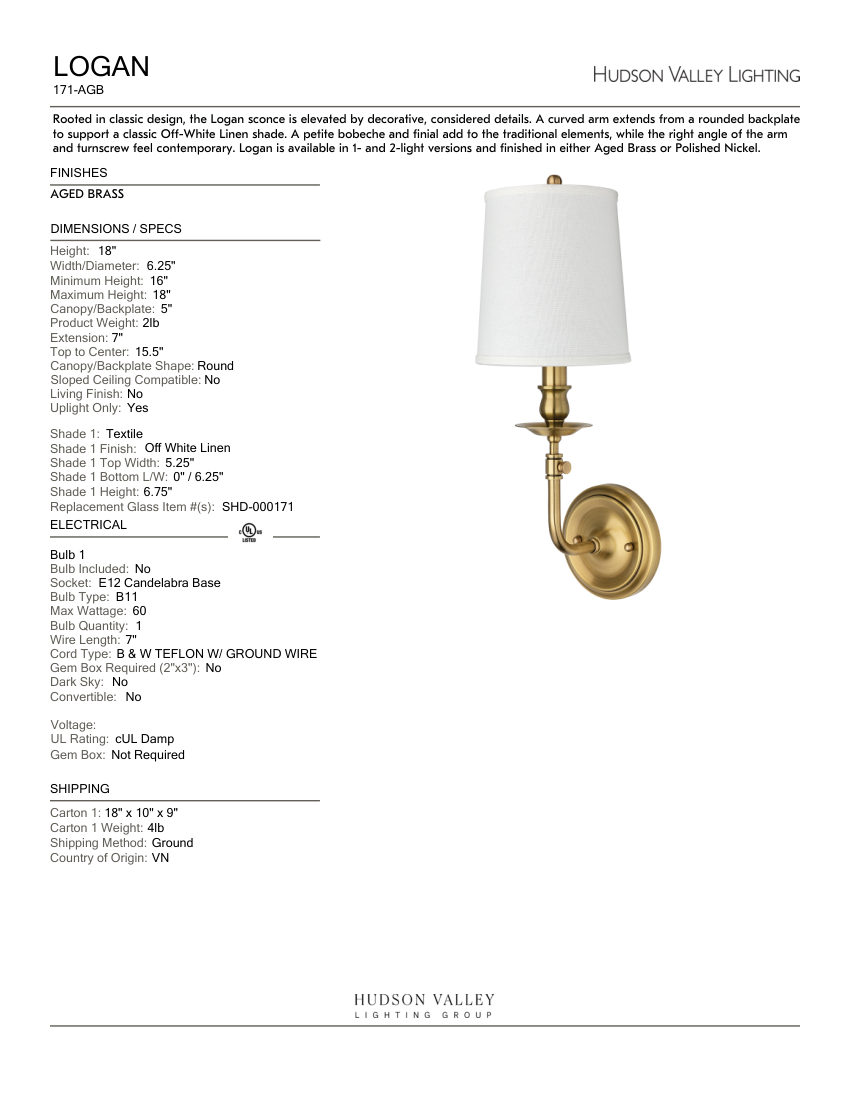 Hudson Valley Lighting 171-AGB cut sheet — first page
