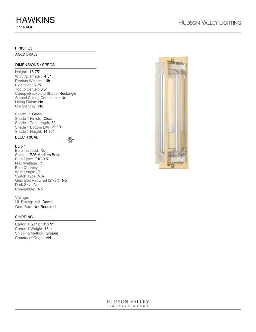 Hudson Valley Lighting 1731-AGB cut sheet — first page