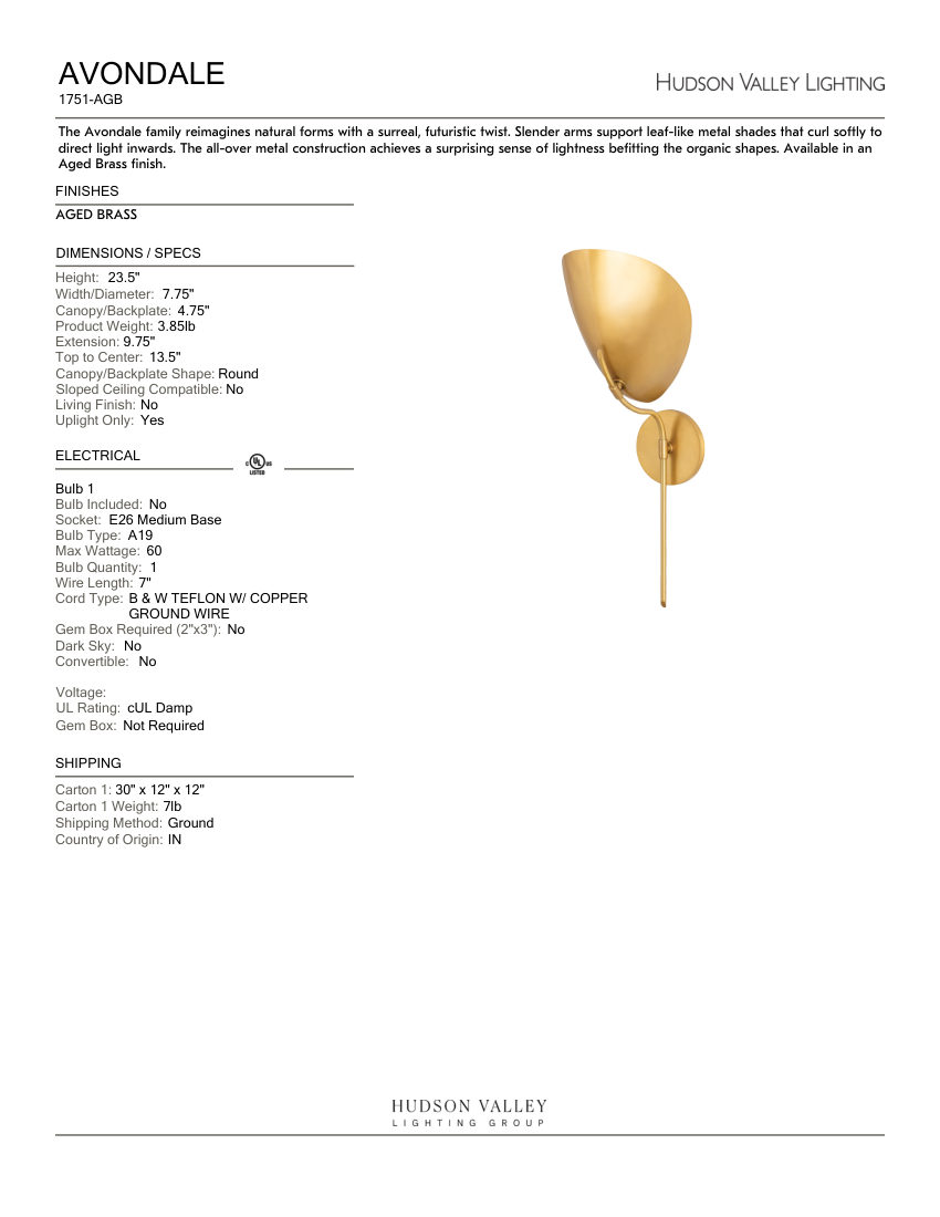 Hudson Valley Lighting 1751-AGB cut sheet — first page