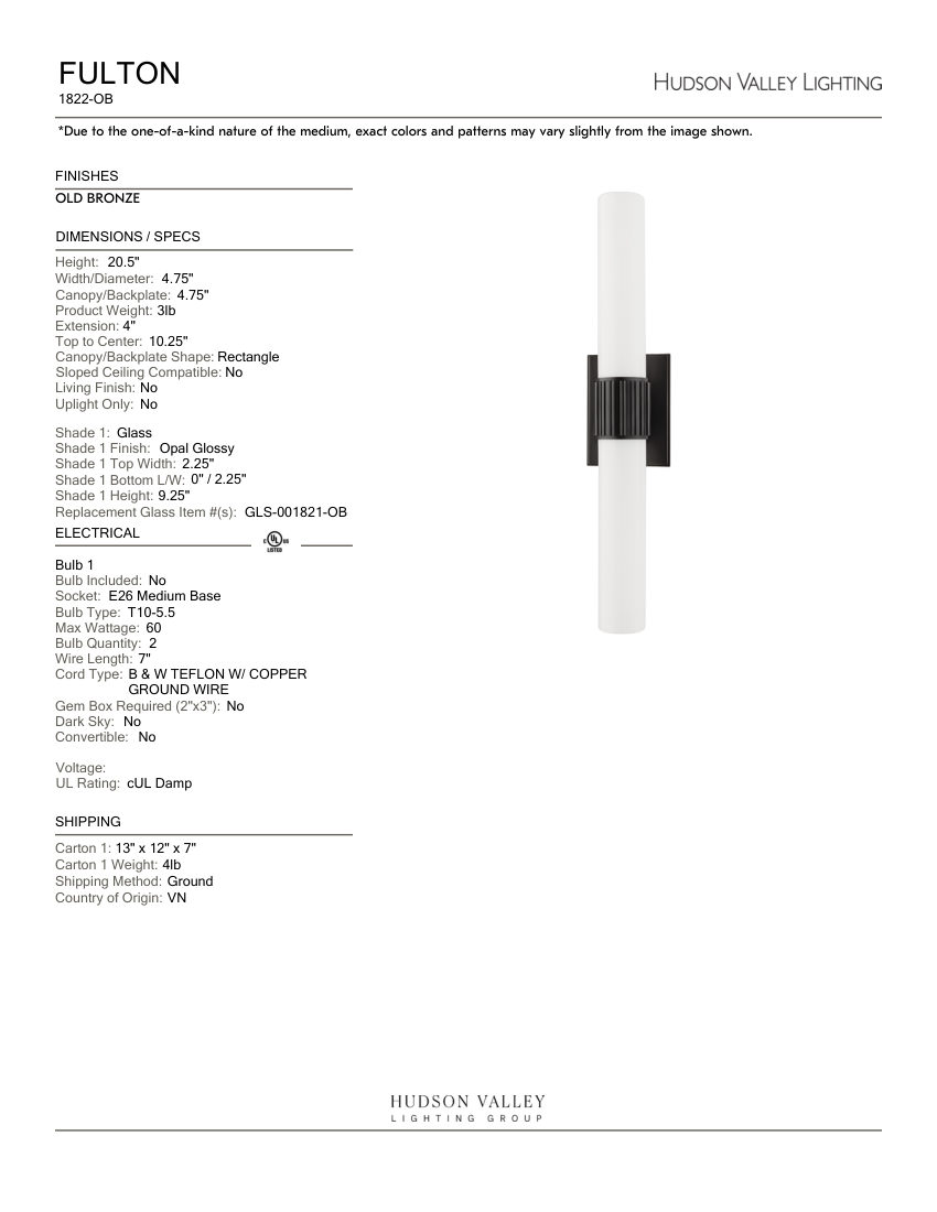 Hudson Valley Lighting 1822-OB cut sheet — first page