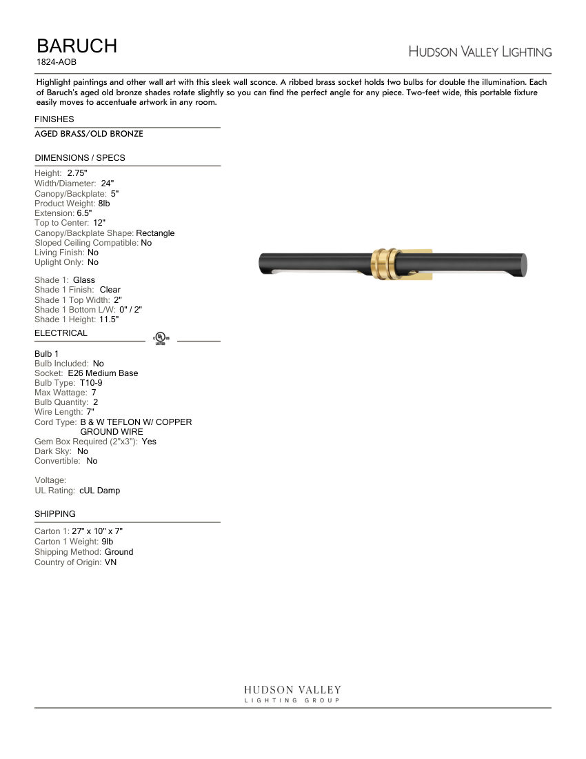 Hudson Valley Lighting 1824-AOB cut sheet — first page