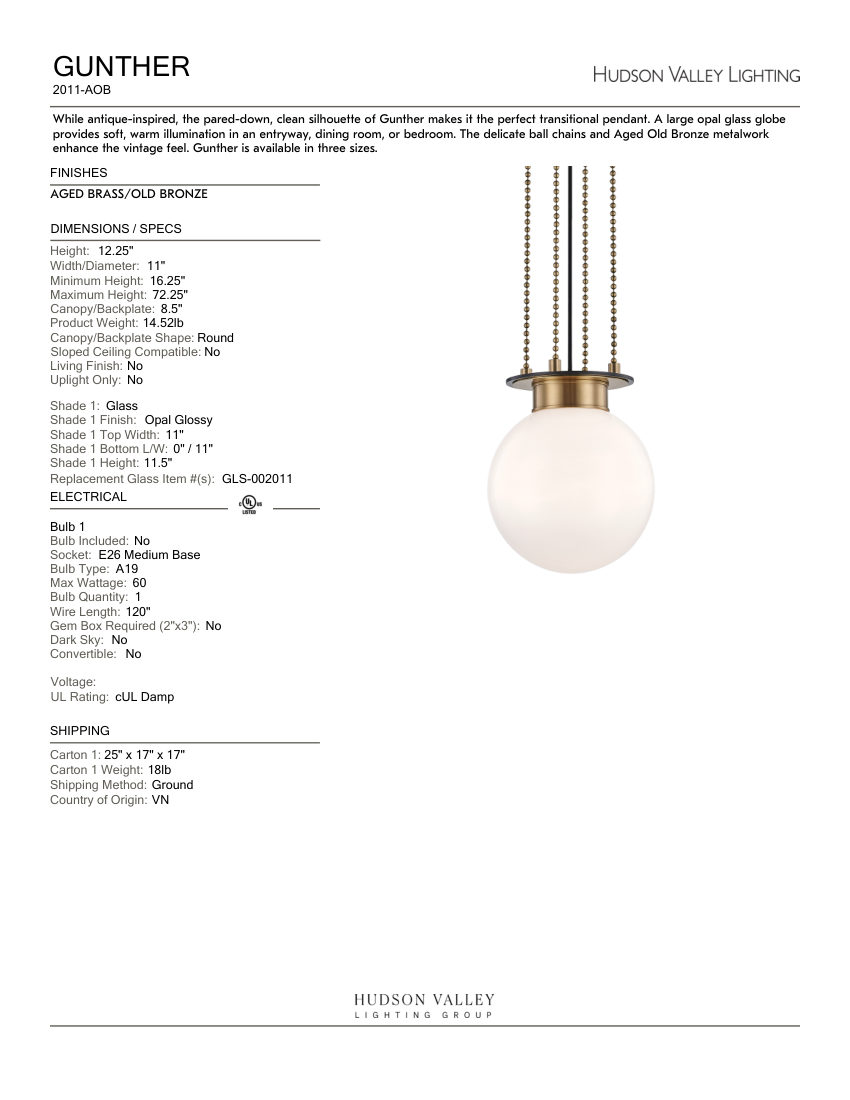 Hudson Valley Lighting 2011-AOB cut sheet — first page