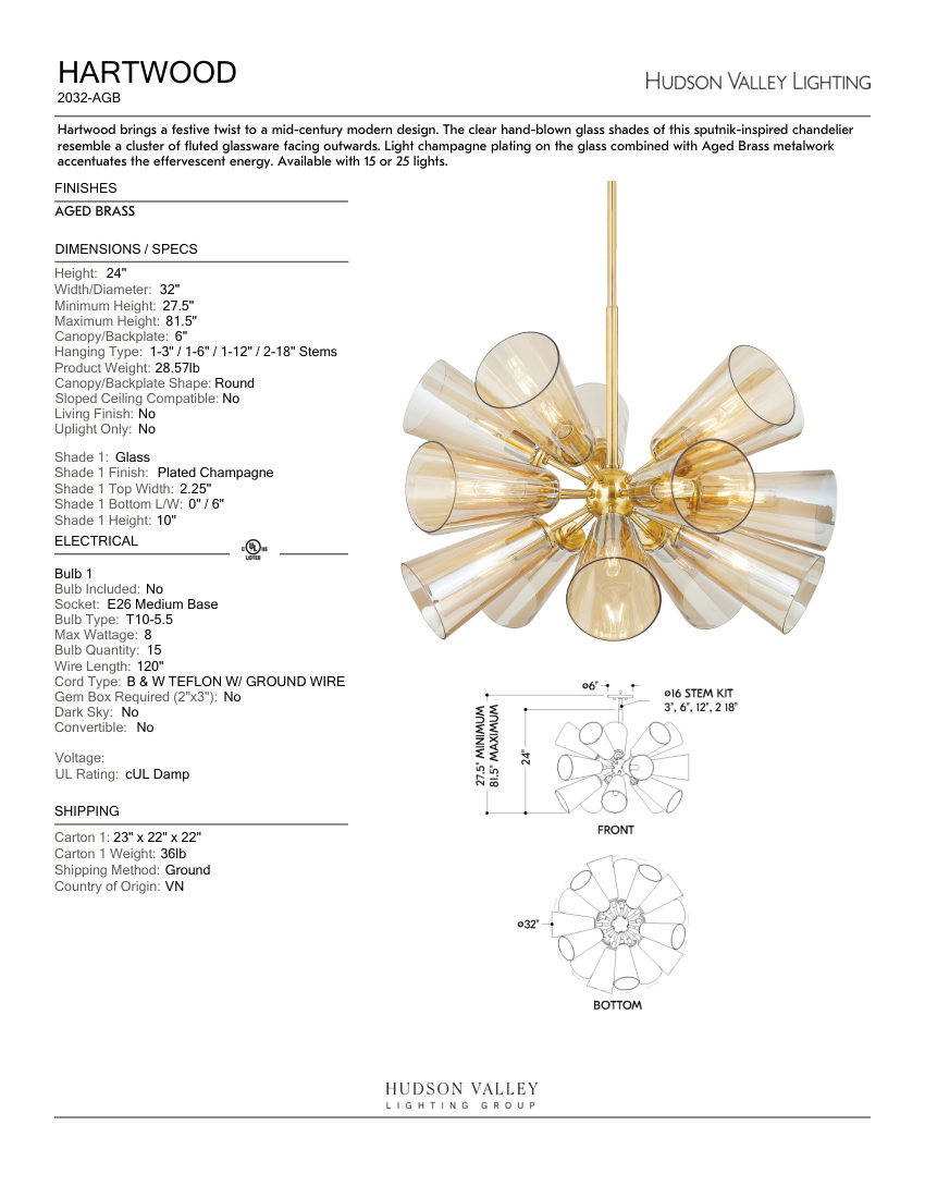 Hudson Valley Lighting 2032-AGB cut sheet — first page