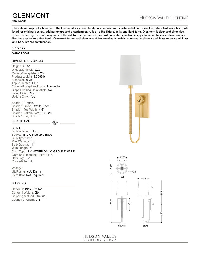 Hudson Valley Lighting 2071-AGB cut sheet — first page