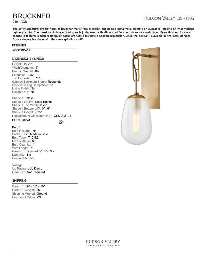 Hudson Valley Lighting 2101-AGB cut sheet — first page