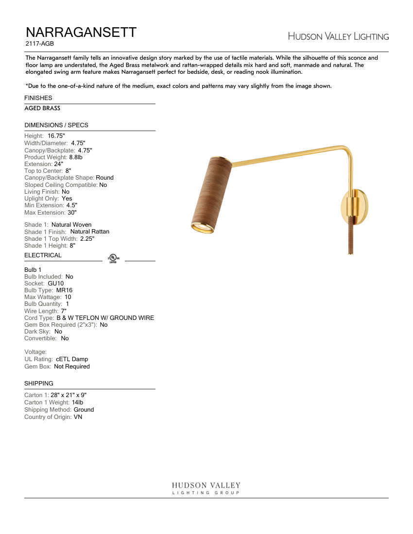 Hudson Valley Lighting 2117-AGB cut sheet — first page