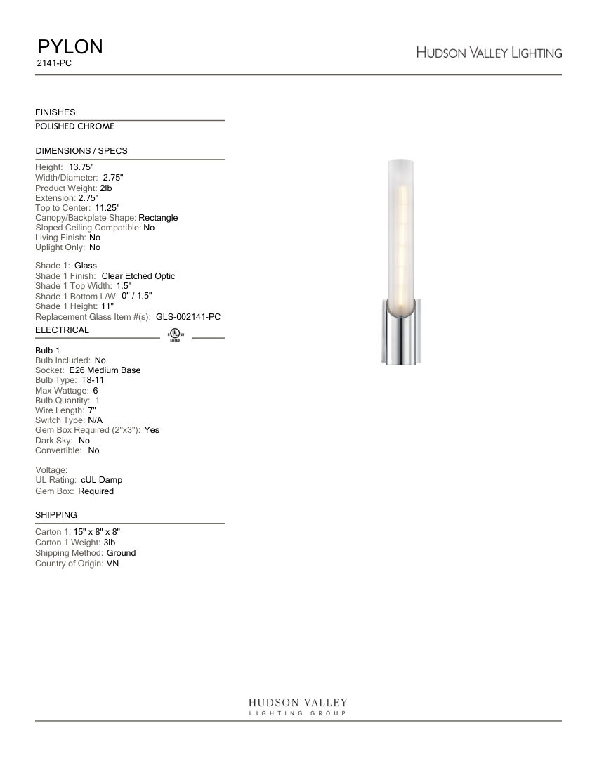 Hudson Valley Lighting 2141-PC cut sheet — first page