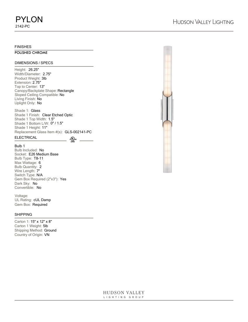 Hudson Valley Lighting 2142-PC cut sheet — first page