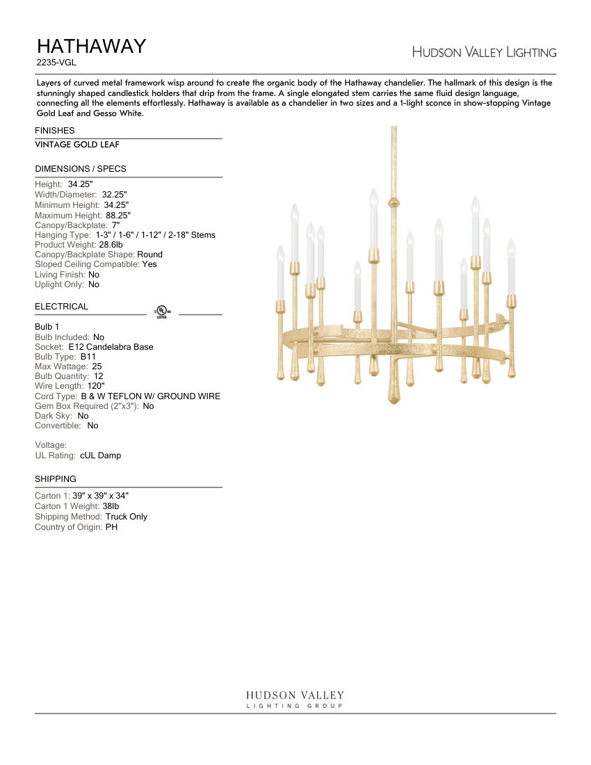 Hudson Valley Lighting 2235-VGL cut sheet — first page