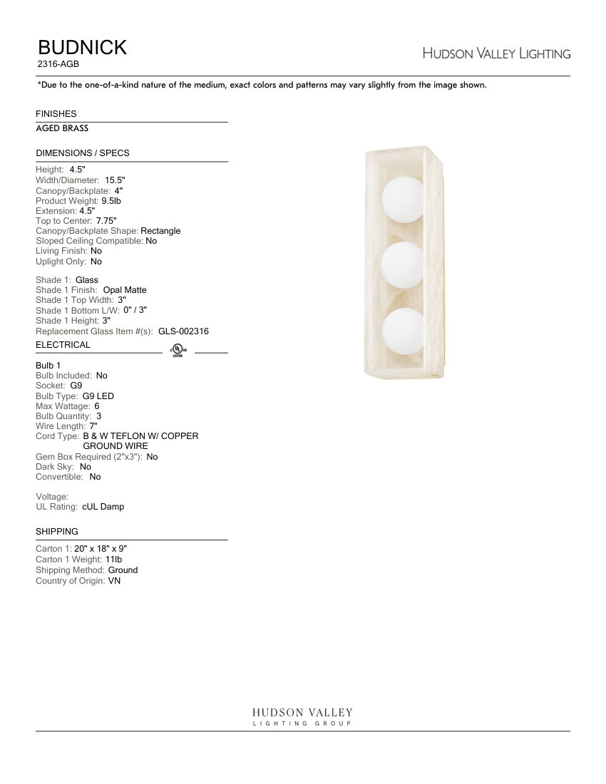 Hudson Valley Lighting 2316-AGB cut sheet — first page