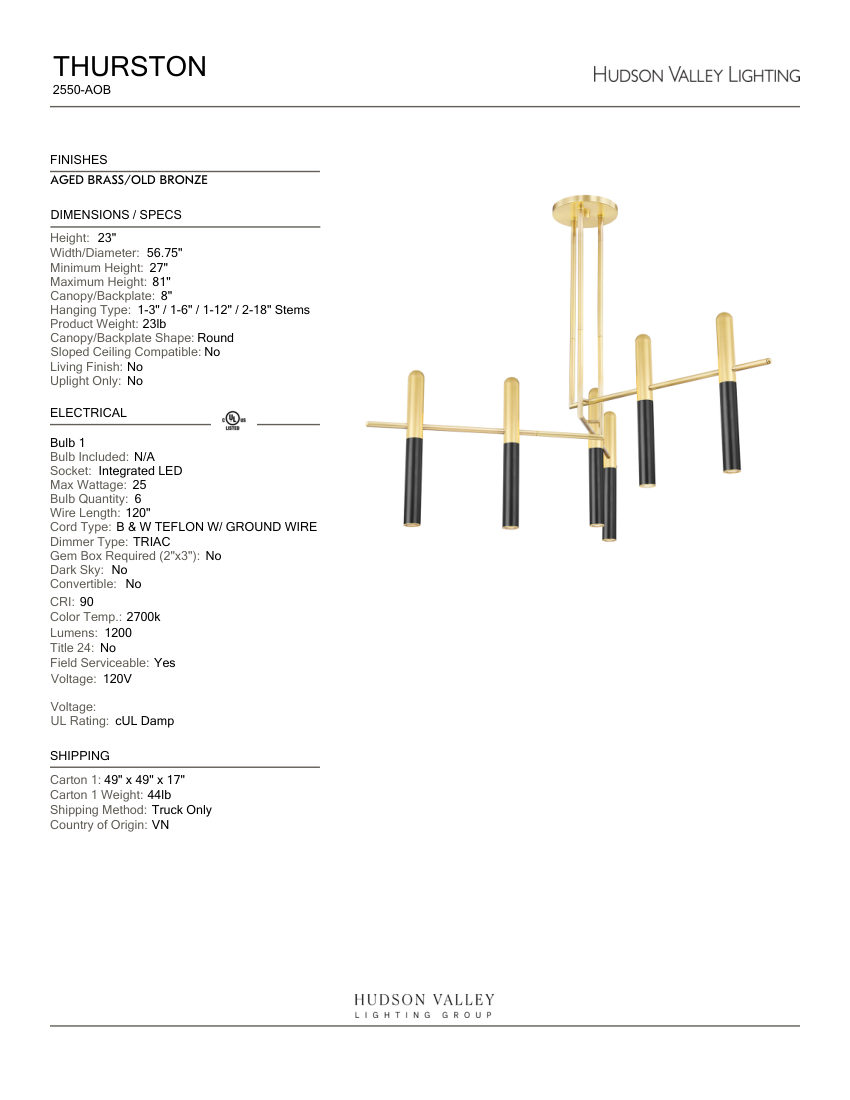 Hudson Valley Lighting 2550-AOB cut sheet — first page