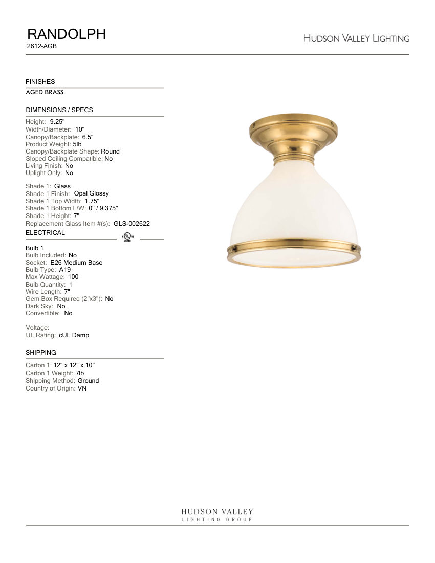 Hudson Valley Lighting 2612-AGB cut sheet — first page