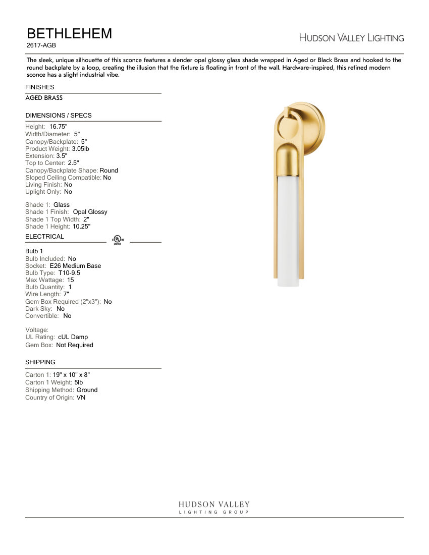 Hudson Valley Lighting 2617-AGB cut sheet — first page