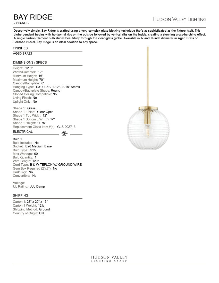 Hudson Valley Lighting 2713-AGB cut sheet — first page