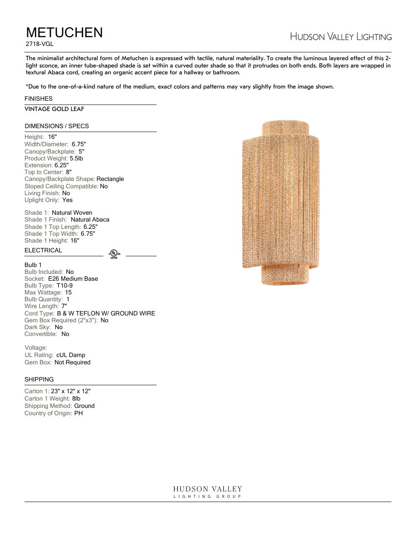 Hudson Valley Lighting 2718-VGL cut sheet — first page