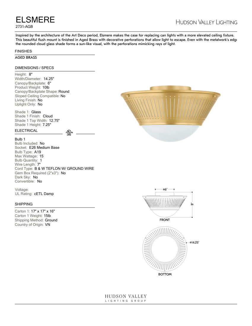 Hudson Valley Lighting 2731-AGB cut sheet — first page