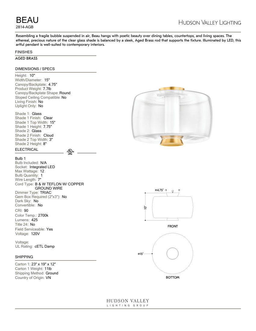 Hudson Valley Lighting 2814-AGB cut sheet — first page