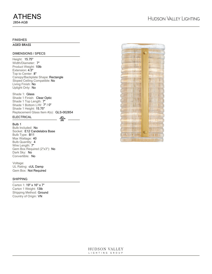 Hudson Valley Lighting 2854-AGB cut sheet — first page